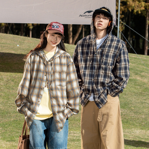 American Check Collar Shirt for Men 2025 Spring and Summer Couple Retro Long Sleeve Shirt with Contrasting Color Hooded Drawstring Design Outerwear