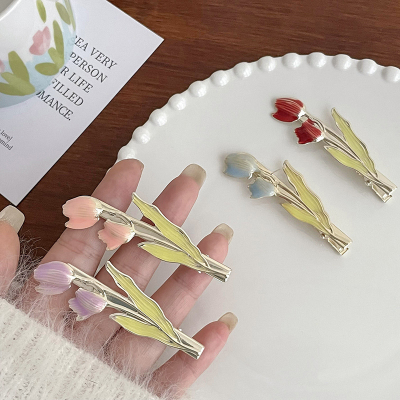 新款鬱金香花朵髮夾彩色滴油清新少女劉海夾側邊鴨嘴夾頭飾發卡