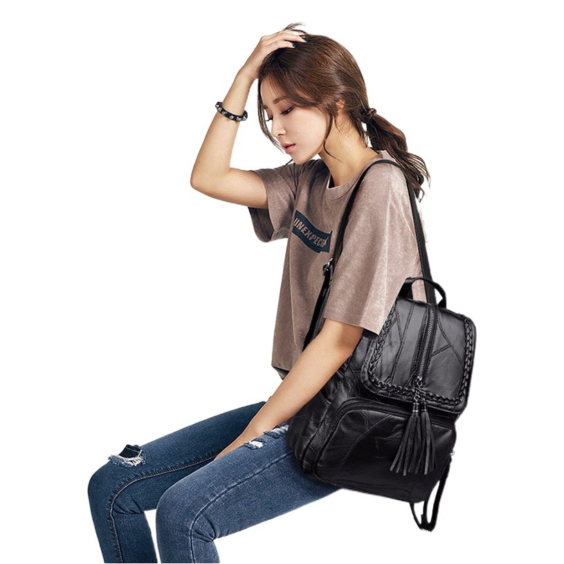 Mochila femenina de PU con borlas – estilo casual 2025, ideal para viajes o uso diario