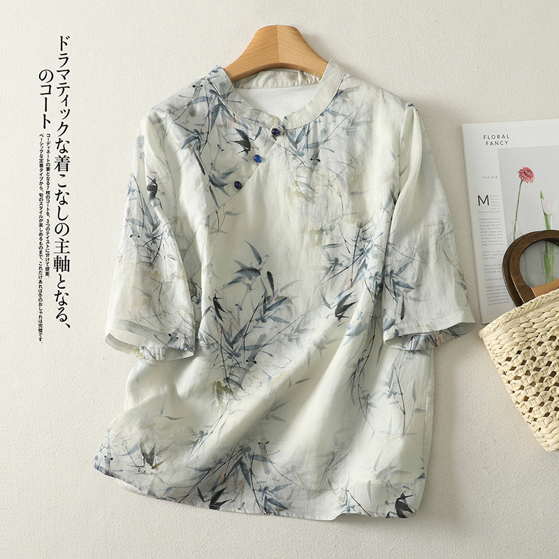 Zen-inspired ramie stand-collar printed short top for women, with diagonal placket and three-quarter sleeves, stylish new Chinese-style shirt with skull print Zen-inspired ramie stand-collar printed short top for women, with diagonal placket and three-quarter sleeves, stylish new Chinese-style shirt with skull print
