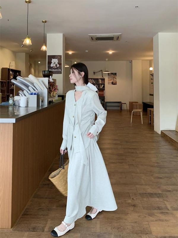 法式复古套装女秋季2025新款长袖开衫衬衣高腰显瘦半身裙两件套潮|undefined