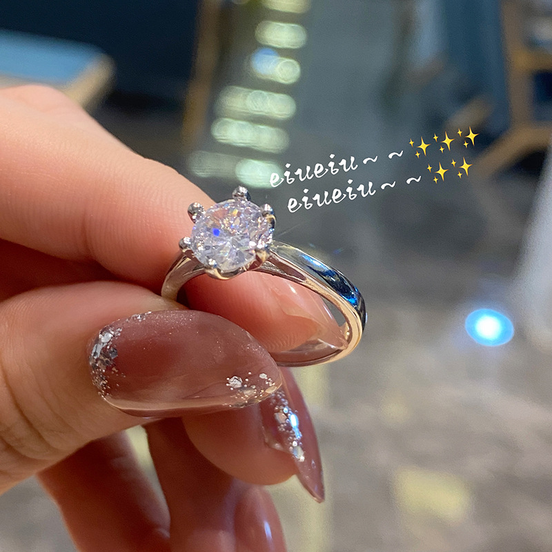 Valentine's Day Fashion Six-Claw Inlaid Shiny Diamond Ring Light Luxury Temperament Proposal Women's Ring Anchor Same Style Ornament Accessories