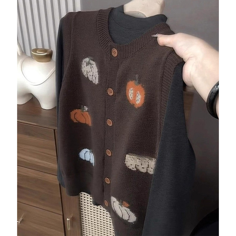 2025 New Vintage Style Retro Super Stylish Brown Pumpkin Knit Vest Sweater for Women Autumn Outerwear