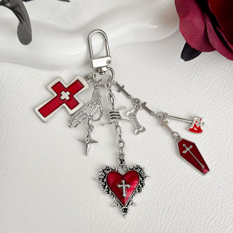 Cross-Border Gothic Style Trendy Cross Bag Pendant Retro Red Heart Keychain Personalized Bag Charm Phone Chain Cross-Border Gothic Style Trendy Cross Bag Pendant Retro Red Heart Keychain Personalized Bag Charm Phone Chain