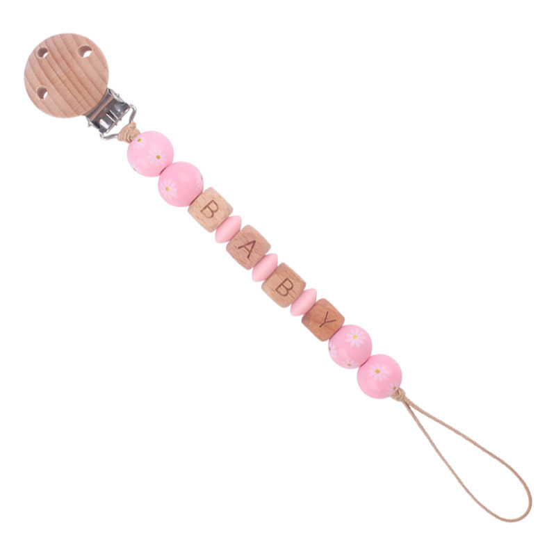 Nuevo bebé suministros dibujos animados madera Margarita cuentas pacificar bebé DIY nombre chupete cadena anti-gota cadena