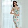 Low cut V-neck medium length printed lace vest skirt