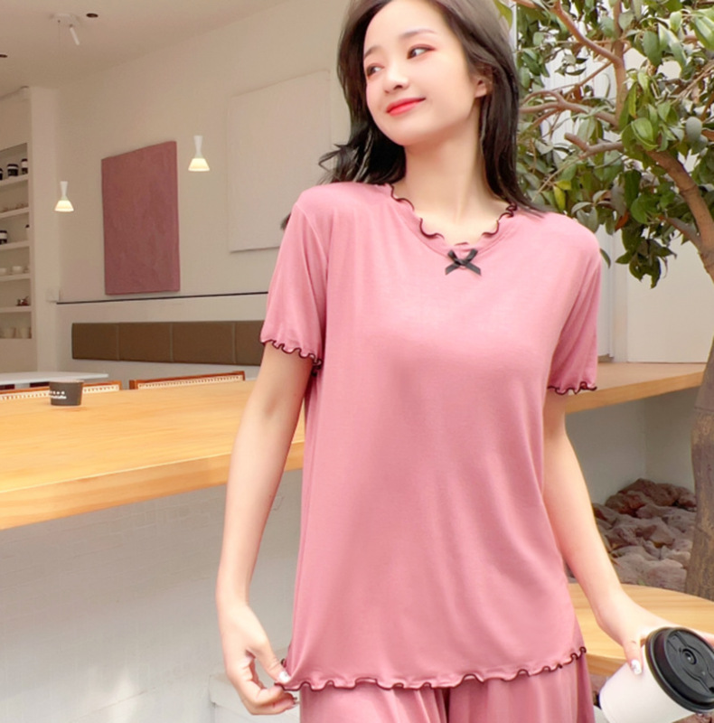 Bit Cotton Sweet Bow Short-sleeved T-shirt Sweet Flap Round Neck Solid Color All-match Base Shirt Casual Loose Top Bit Cotton Sweet Bow Short-sleeved T-shirt Sweet Flap Round Neck Solid Color All-match Base Shirt Casual Loose Top