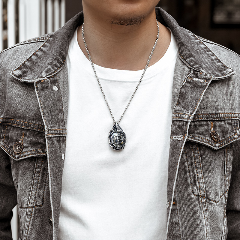 信琴飾品925銀吊墜佛魔一念之間項墜本命年項鍊 復古泰銀男飾品