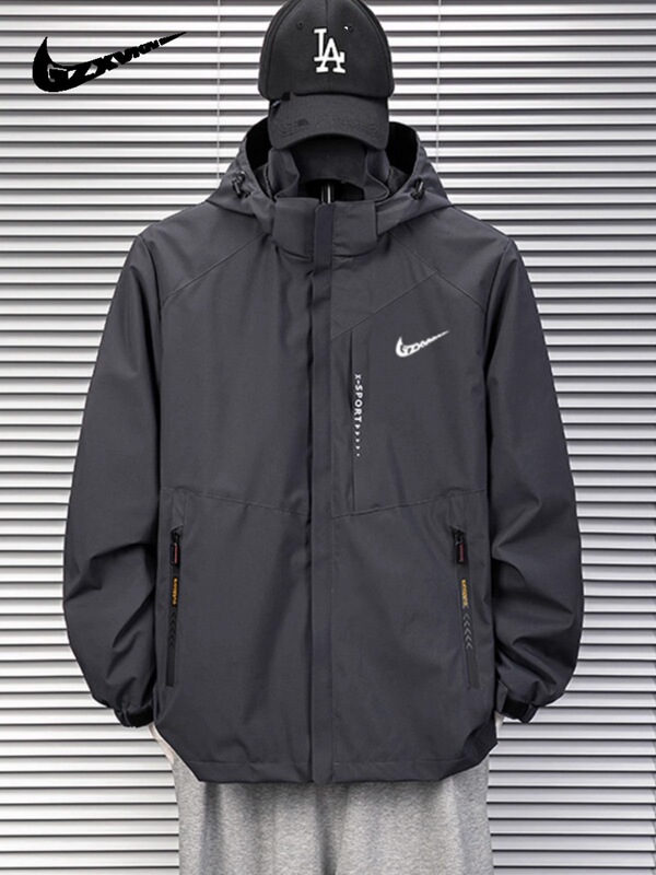 2025 trendy outdoor spring and autumn men's windproof and waterproof hooded jacket, oversized loose fit
