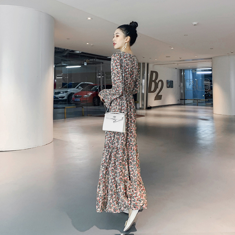 Dress Women's Mid-length spring mid-length dress chrysanthemum mid-length floral chiffon autumn and winter dress women's jumpsuit chiffon