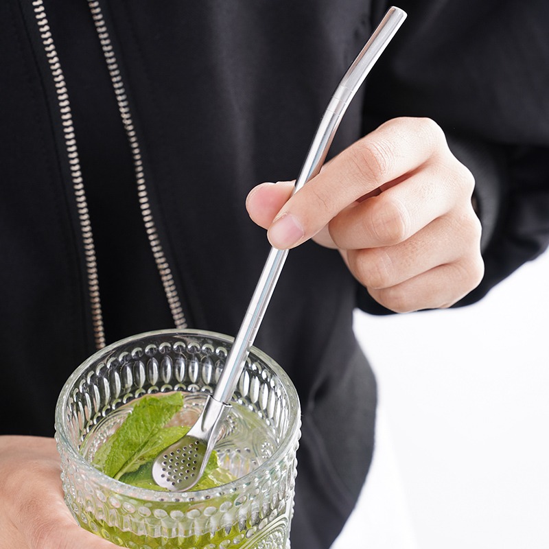Cucharas de paja de acero inoxidable transfronterizas, cucharas de café, cucharas de paja de doble propósito, cucharas de cepillo de cepillo de cepillo de cepillo de leche, cucharas de té de jugo de fruta, cucharas de té de mate