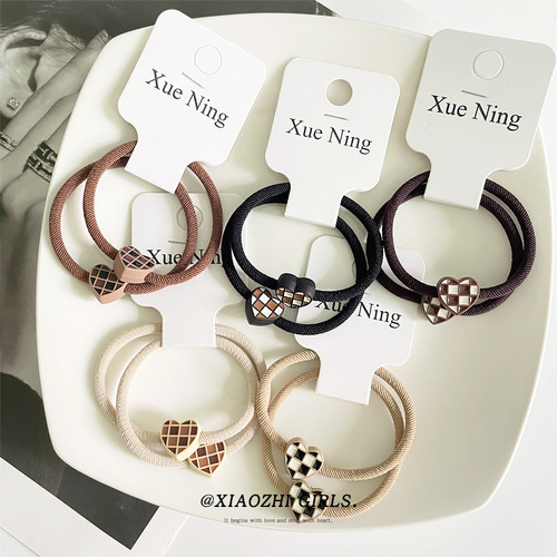  Autumn/Winter New Checkered Heart Beige Series Hair Tie Ring Headband Korean Style Basic Simple Matchable Carded Hair Accessory