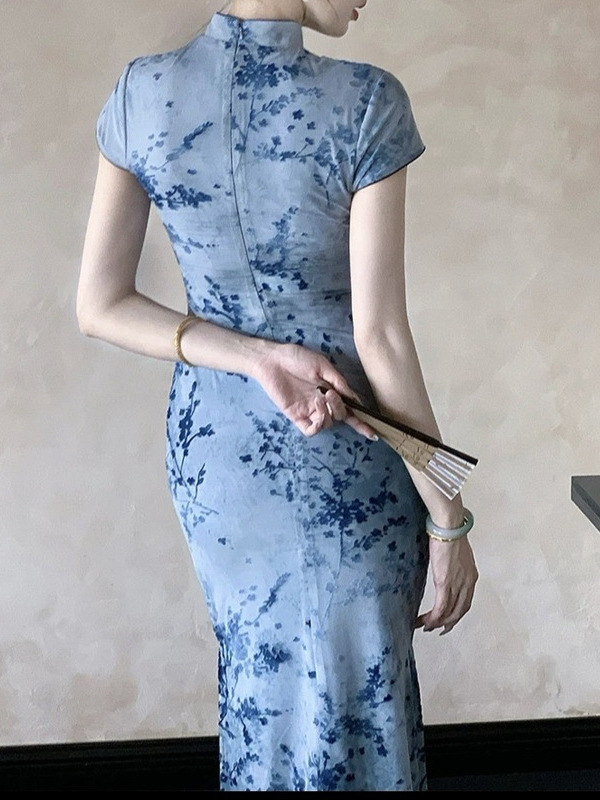 Plum Blossom Chinese Style Retro Modified For Women, Summer Cheongsam Collar Waist-Cinching Dress, 2025 New Model,_ecoleips.com