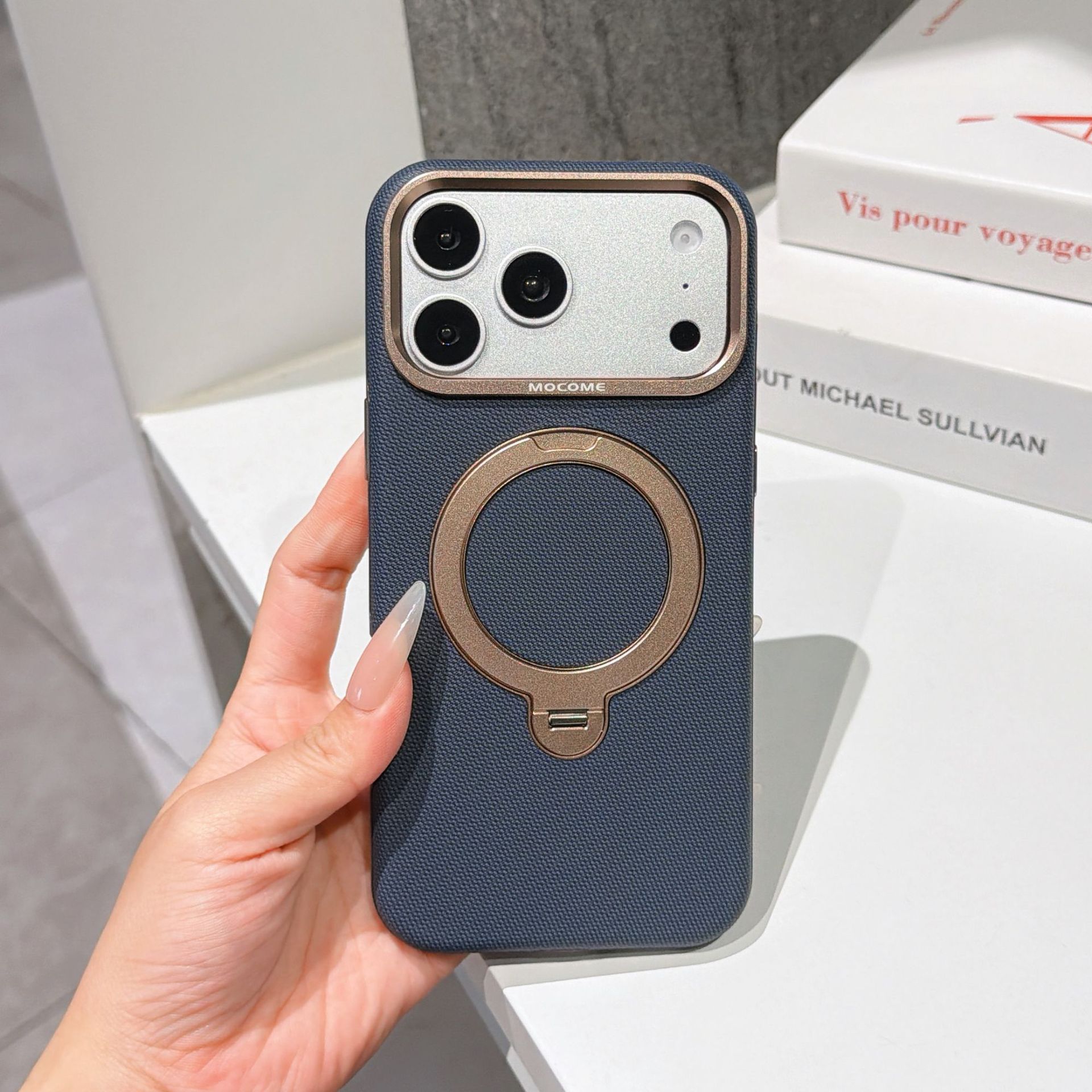 Ốp lưng da iPhone 16/17 Pro Max có vòng xoay 360 độ, nam châm hút, chống sốc viền dày — Đen, Nâu, Tím, Xanh dương chi tiết 8