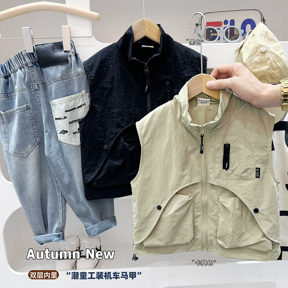 Детский свободный кардиган-жилет с карманами и нашивками, осень 2025, для мальчиков