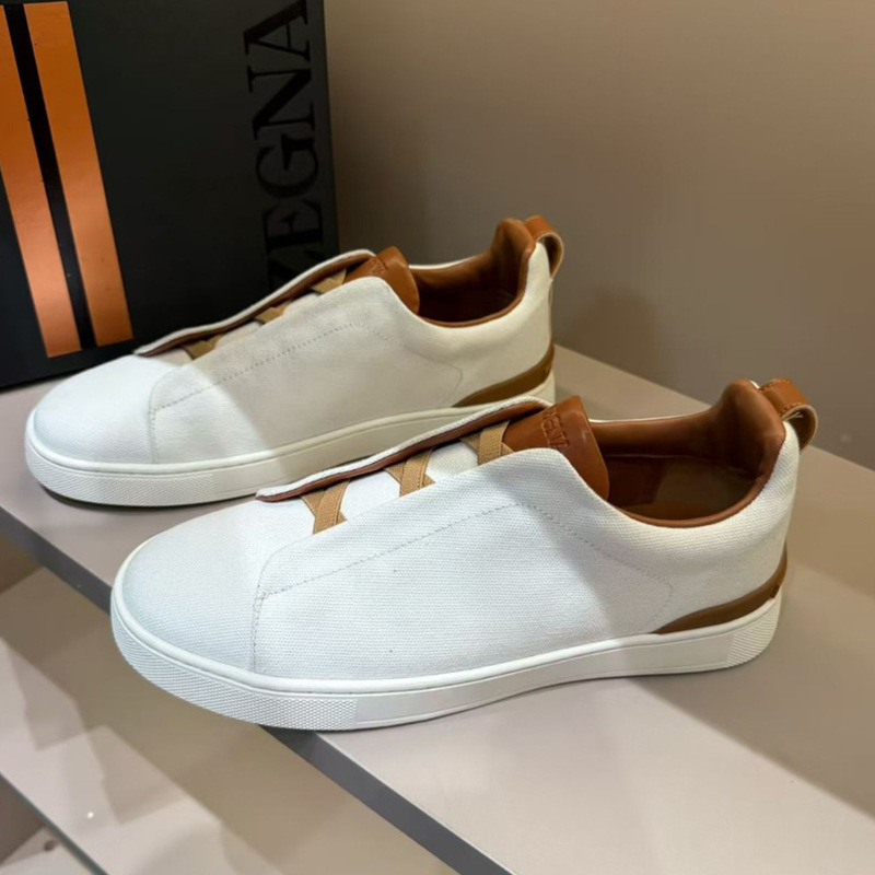 Zegna Men's Sneakers, Color-Blocked Leather Round-Toe Casual Shoes, Non-Slip, Wear-Resistant, Flat-Soled, Everyday Versatile Trendy Shoes, Direct Supply from the Manufacturer