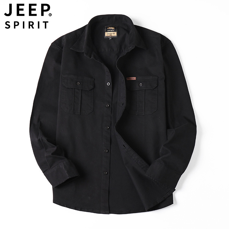 JEEP SPIRIT新款男士长袖衬衫厚款多袋翻领宽松透气大码休闲衬衣