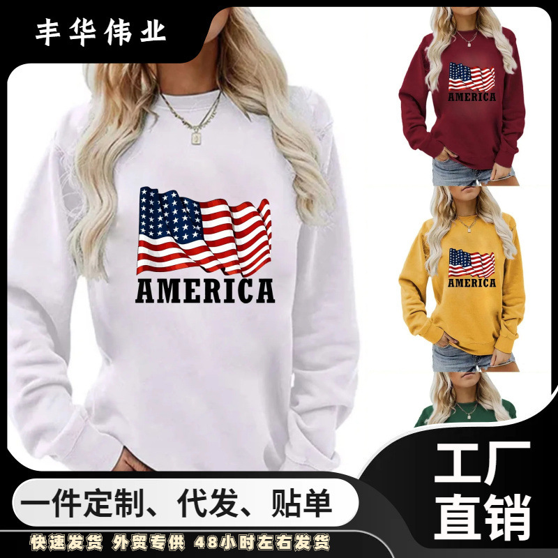 Independence Day Printed Women's Long Sleeve Letter Casual Sweatshirt Cross-Border Polyester Round Neck Decorative Print