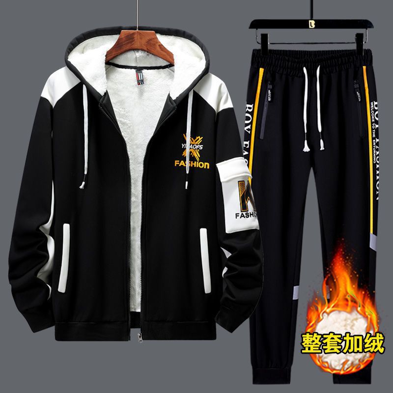 Invierno juvenil con camisa encapuchada gruesa, camiseta, pantalones casuales, ropa de moda al aire libre, hombre