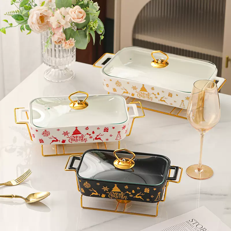新款圣诞陶瓷汤锅家用酒店餐厅长方形大容量双耳铁架烘焙烤盘批发