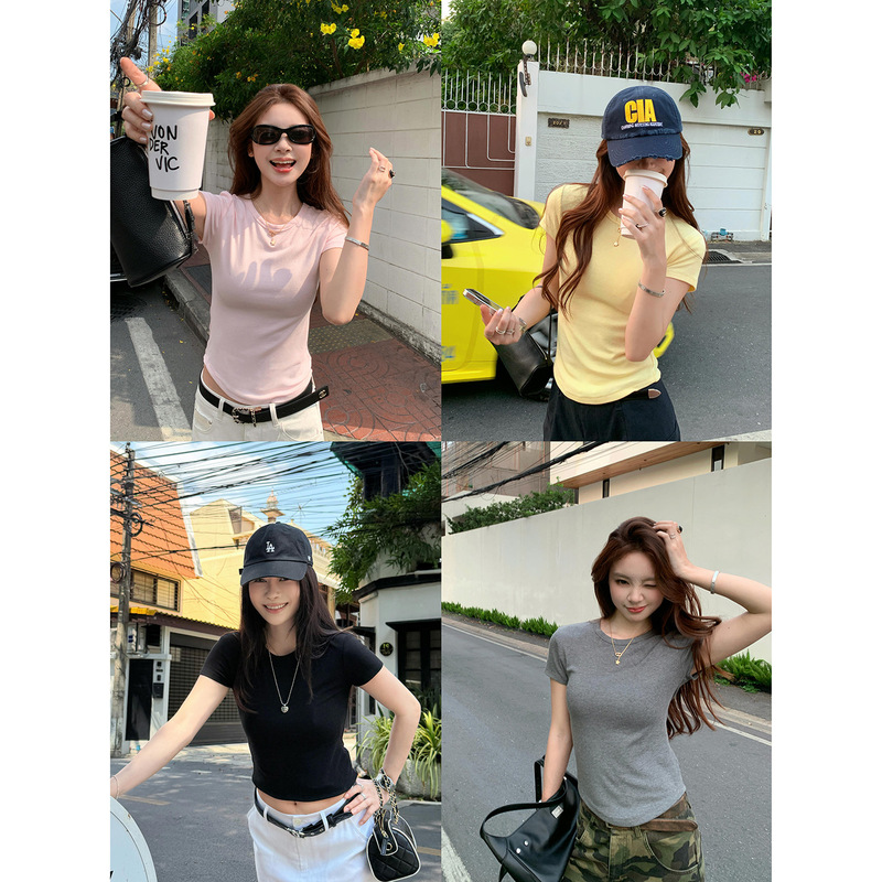 Baishiwang Merino Wool Solid Color Short Sleeve T-Shirt for Women, Summer Slim Fit Versatile Slimming Round Neck/U Neck Regular Shoulder Top