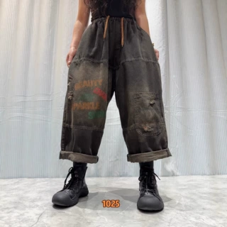 2026春季新款 复古印花拼接破洞做旧直筒裤 宽松高腰系带牛仔裤女