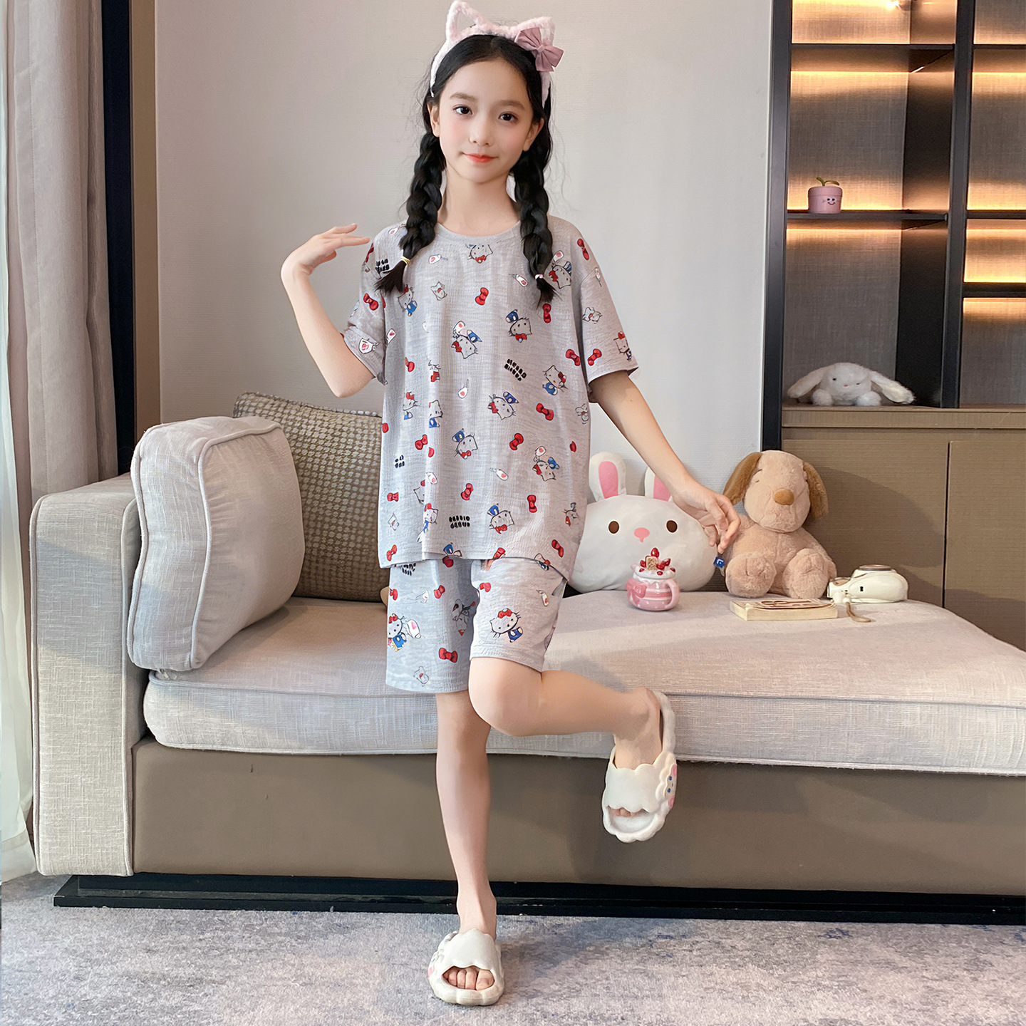 Pijamas de niñas para niños de verano modelo ultra delgado de manga corta 2026 nuevo estilo de verano de ropa de casa para niños mayores