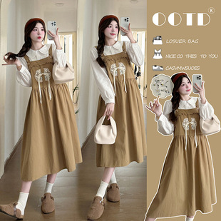 Reality Shot Pregnant Women suit Lace Lace Sweet Age-reducing Design Sense Pure Cotton Thickened Strap Skirt Shirt Two-piece Set