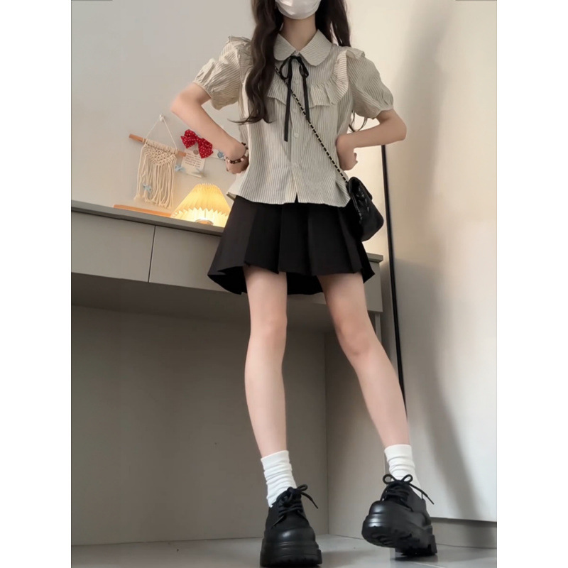 2025新款超好看一整套拼接上衣女韩版百搭宽松显瘦短袖衬衫百褶裙
