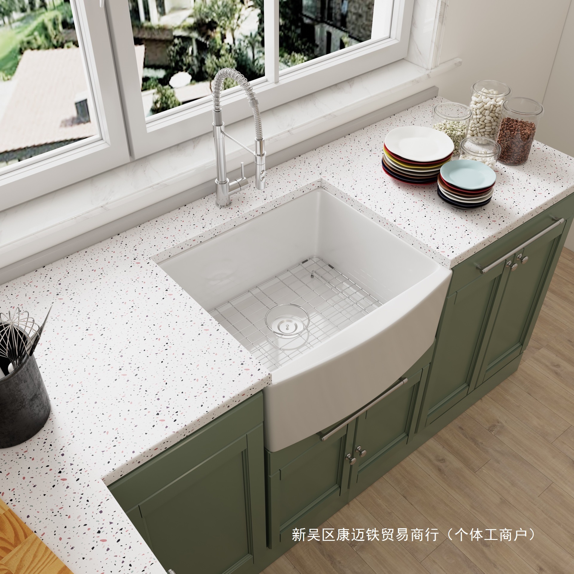 现代美式厨房陶瓷洗菜盆老式家用水槽半嵌入式前置Farmhouse sink