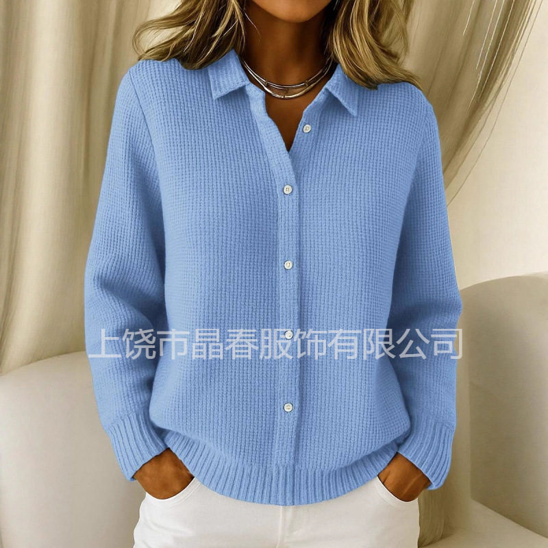 New Cross-Border Women's Shirt Lapel Cardigan Top Solid Color Knitted Printing European and American Christmas Autumn and Winter