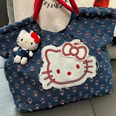 中古ハローキティレトロデニム布張りハンドバッグ2025春夏新作大容量個性ハンドバッグ
