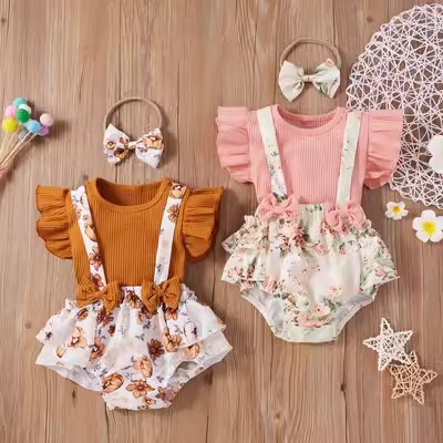 Cross-border European and American-style short-sleeve clothing for kids: Girls' onesies, toddler crawling suits, summer baby sling rompers with pants