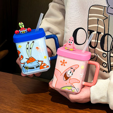 海绵宝宝可克杯带盖情侣水杯子生日礼物杯子女生带吸管陶瓷杯