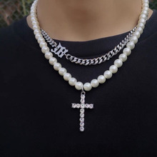 明星同款珍珠镶钻十字架项链男欧美嘻哈个性潮男卫衣配饰脖子饰品