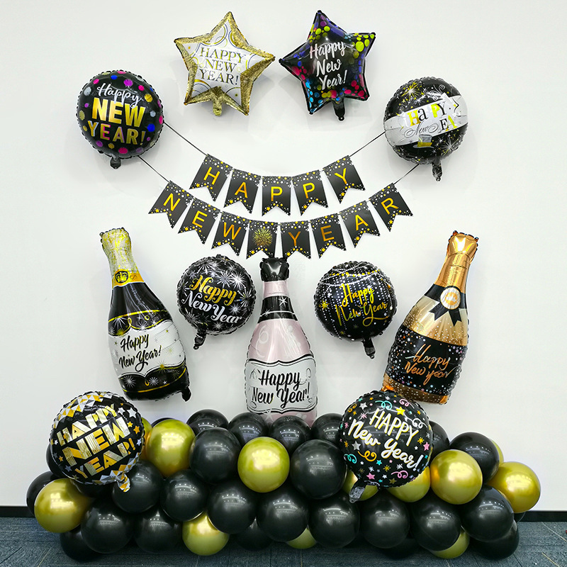 Decoración de fondo de Año Nuevo, globos de aluminio, marco de fotos con botella de FELIZ AÑO NUEVO, decoración de fiesta, arreglo de globos