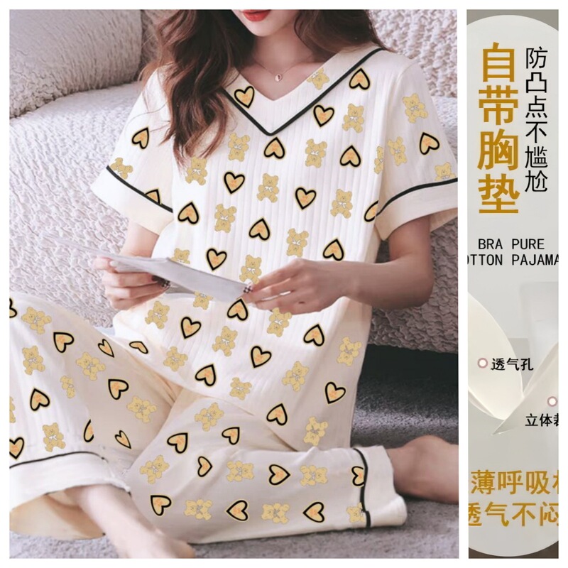 Short-sleeved Pajamas with Breast Pads for Women in Summer, Spring & Fall, Loose K-style ins Style, Princess Style, Home Clothes for Going Out