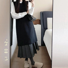 レトロな黒いニットの重ね着ベストワンピース女装秋の白いシャツの中の長いスカートの3つのセット