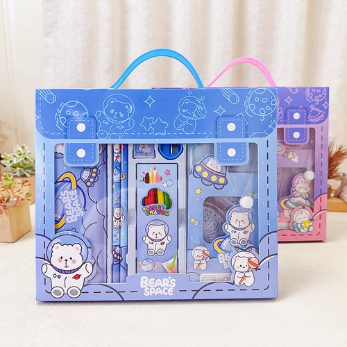 Children's Student Stationery Creative Set of Pencil Case, Ruler, Crayons, Combination Gift Box with Backpack Design, Cultural and Creative Gift, Prize