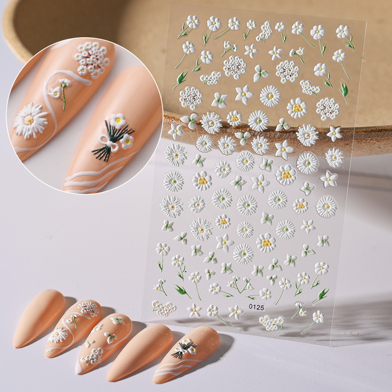 Cross-border Ins Style Embossed Daisy Nail Art Sticker Japanese Style Fresh Flower Embossed Stereo Nail Decoration Sticker