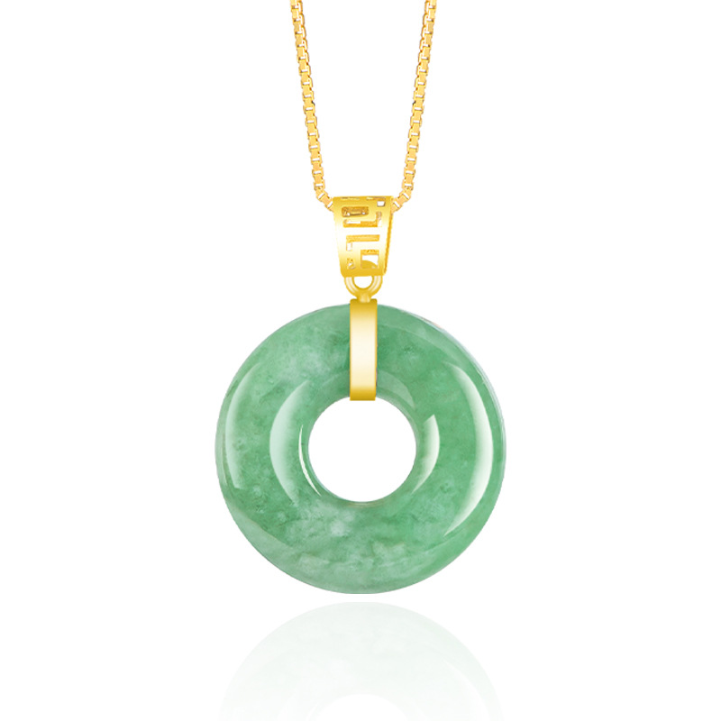 18K金镶天然缅甸a货翡翠满绿玉环吊坠甜甜圈项链冰种玉石挂件女款