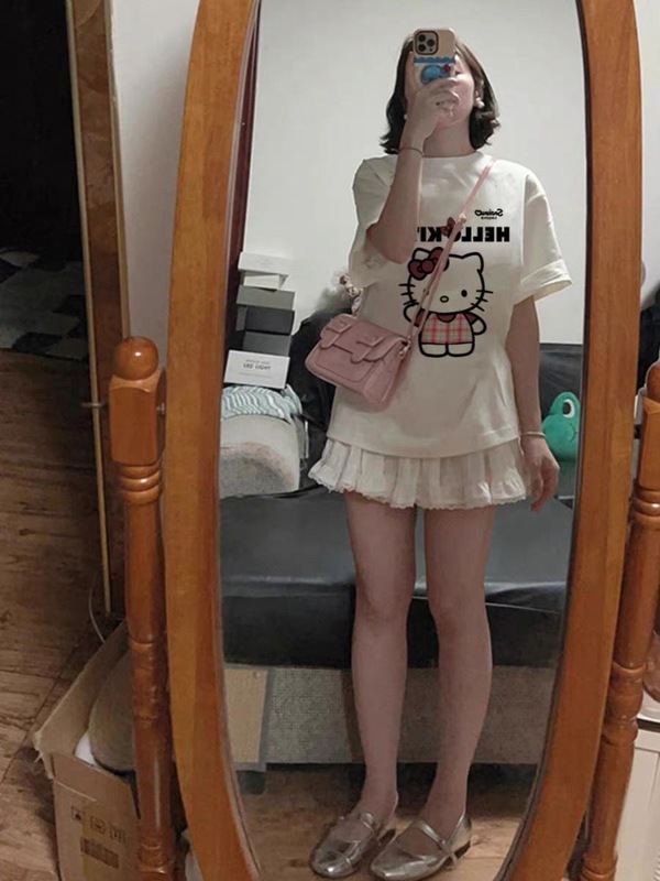 日本の夏の作業服純綿半袖 Tシャツ女性用キティハローキティプリント半袖 Tシャツ面白いトップス|undefined