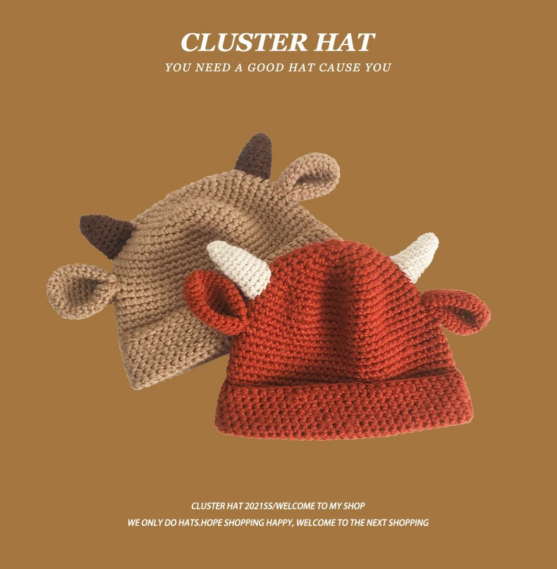 New Japanese Cute and Versatile Student Cow Horn Ear Woolen Hat Women's Autumn and Winter Pure Handmade Knitted Headband Hat Trend_voghion.com