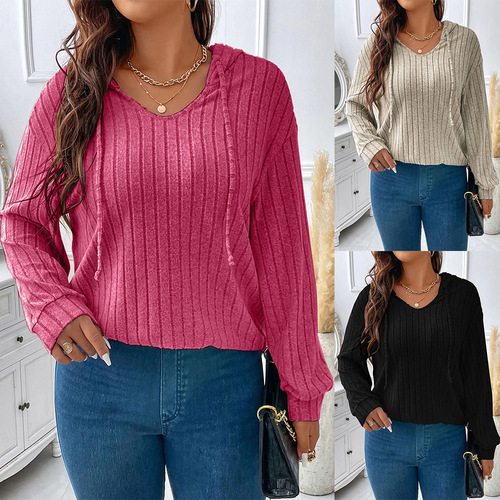 2025 Amazon Autumn/Winter New Pure Color Plus Size Women's Top V-Neck Hooded Long-Sleeve Ribbed Fleece T-Shirt Loose Fit
