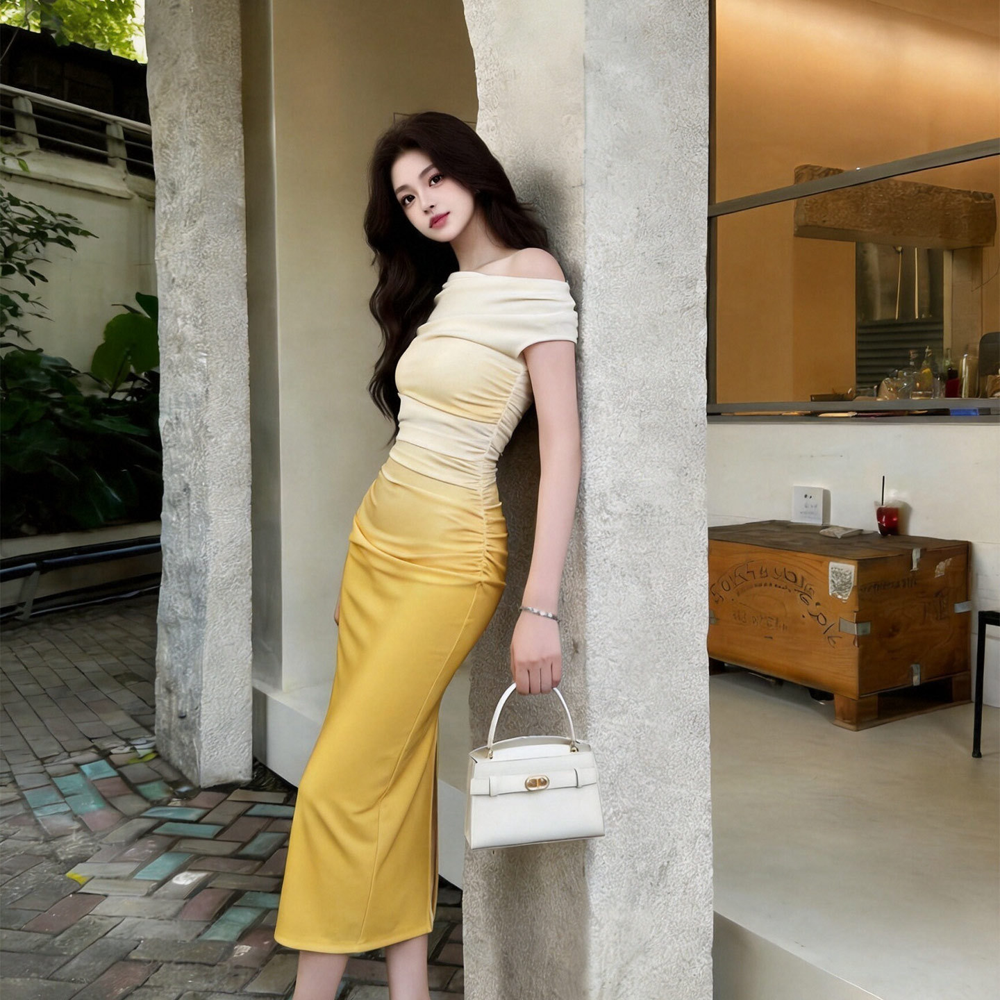 Váy đuôi cá cổ chữ nhất tay lệch, thắt lưng xếp ly, dáng ôm body, dài midi — Chanh vàng nhạt chi tiết 3