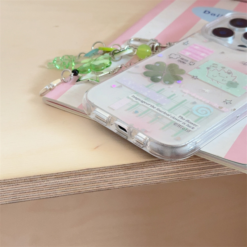 ラブグリッター四つ葉のクローバーステッカー iPhone15promax Apple 16 ラウンドエッジ携帯電話ケース 13 漫画 14 に適しています|undefined