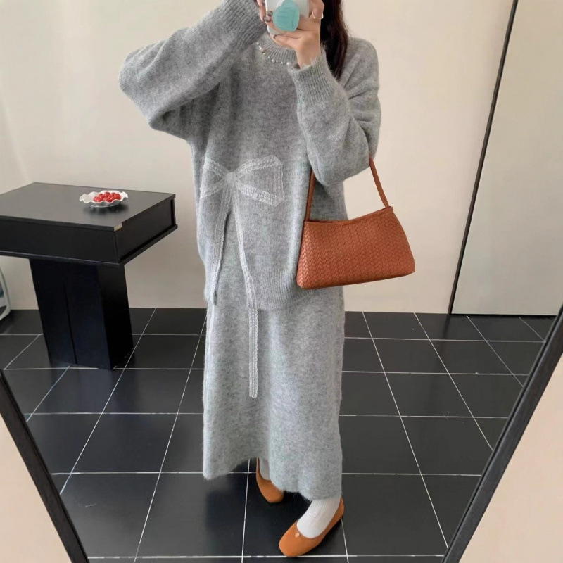 Ys Asymmetrical Bow Slit Knitted Skirt Suit Women's Autumn and Winter Large Size Fat mm Maternity Sweater Two-Piece Set