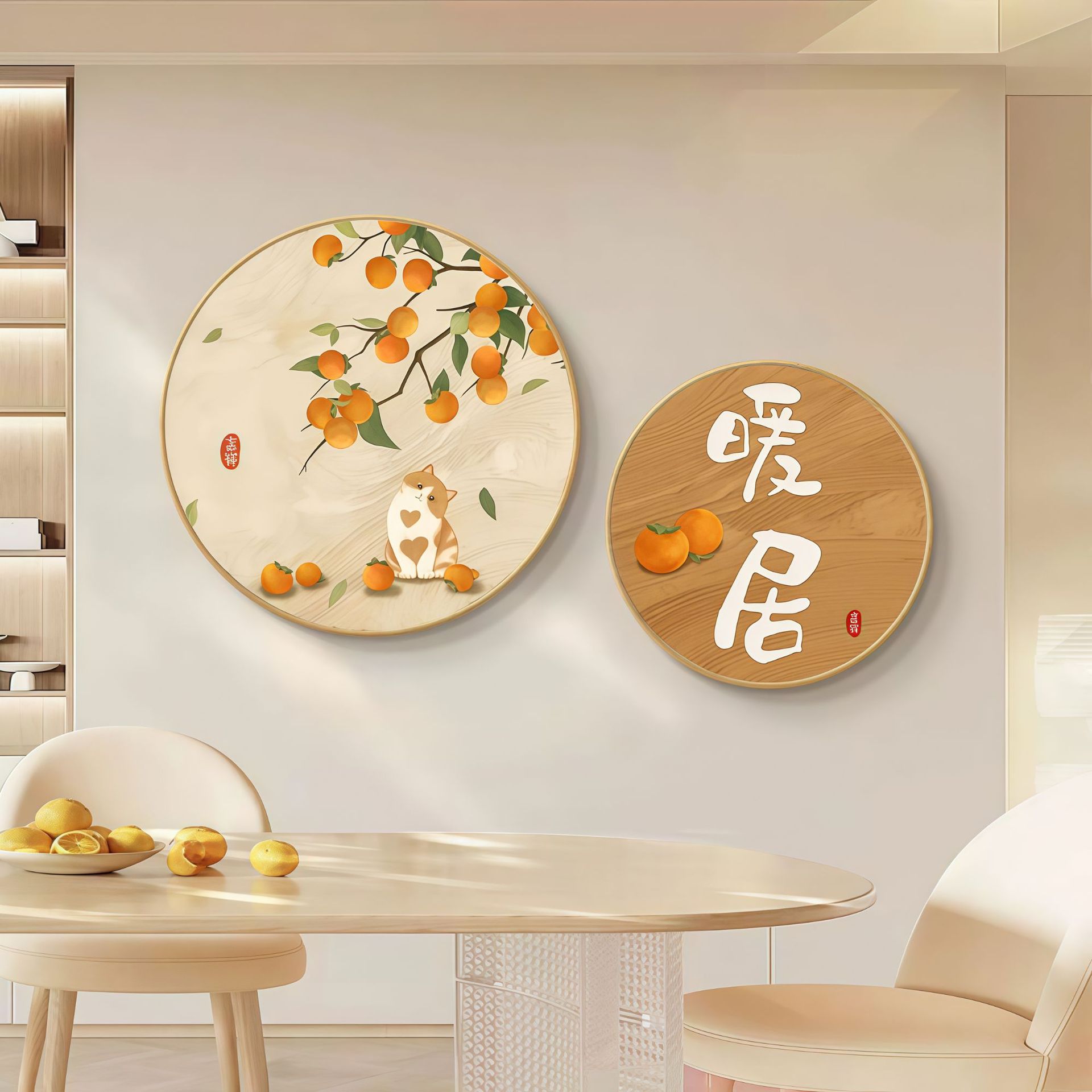 柿柿如意装饰画圆形挂画餐厅壁画背景墙新中式