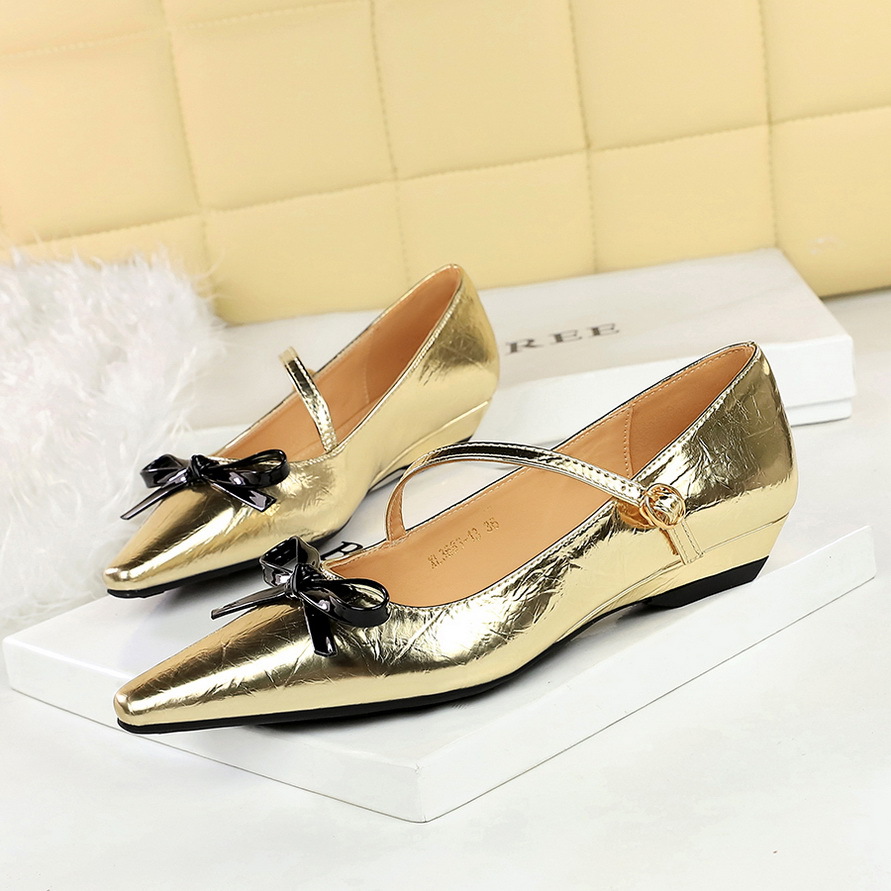 3683-2H81 European And American Style Pointed Toe Shallow Mouth One-Strap Women's With Bow Low Heel Comfortable Wedge_vogvips.com