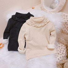 女童冬装T恤宝宝洋气儿童个性潮牌加绒加厚半高领花边波点打底衫